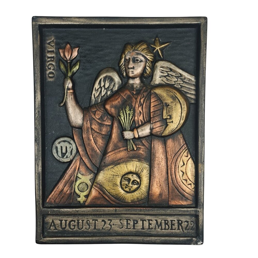 Vintage Virgo Zodiac Wall Art Plaque Handpainted Ceramic Sculpture 70's